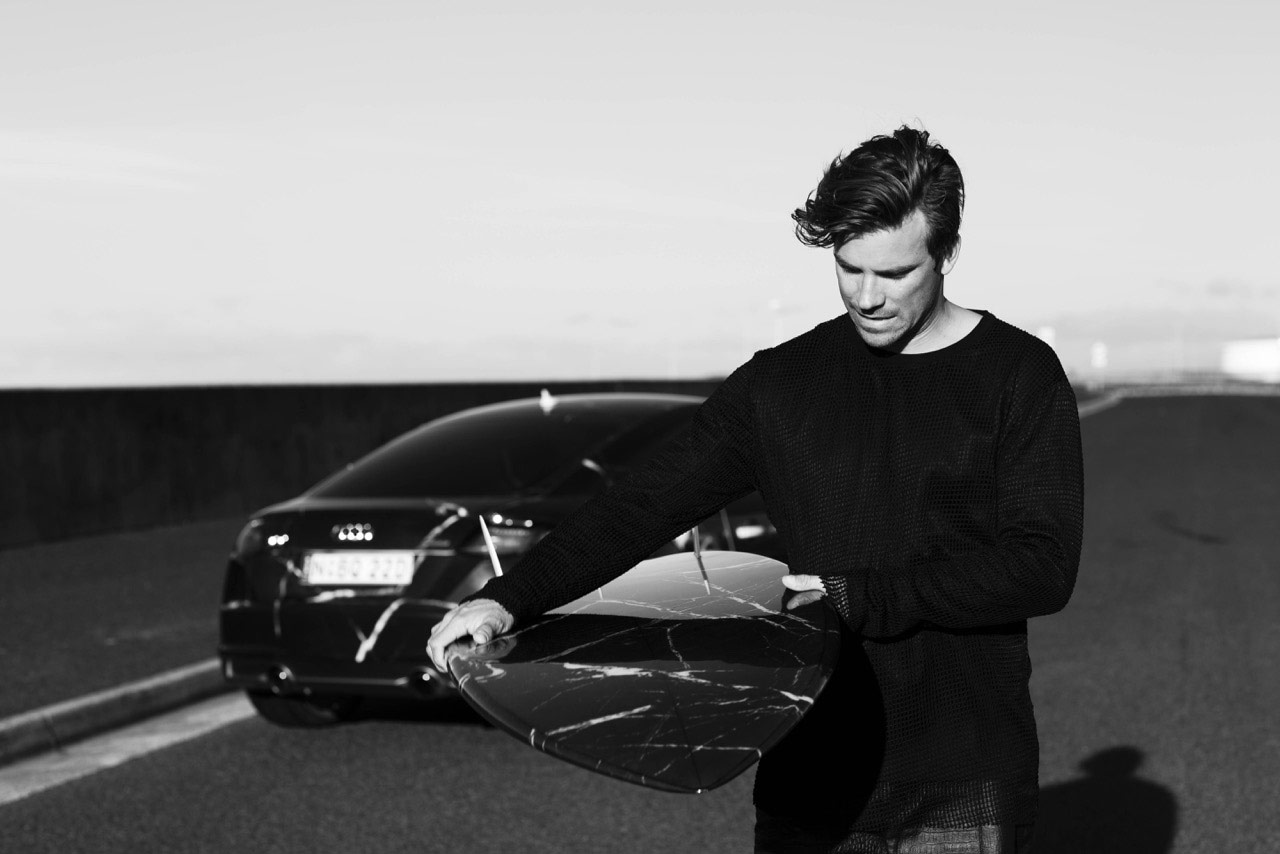 Hayden with an Audi TT wrapped in his signature Haydenshapes marble “Fracture” print codeveloped with Alexander Wang