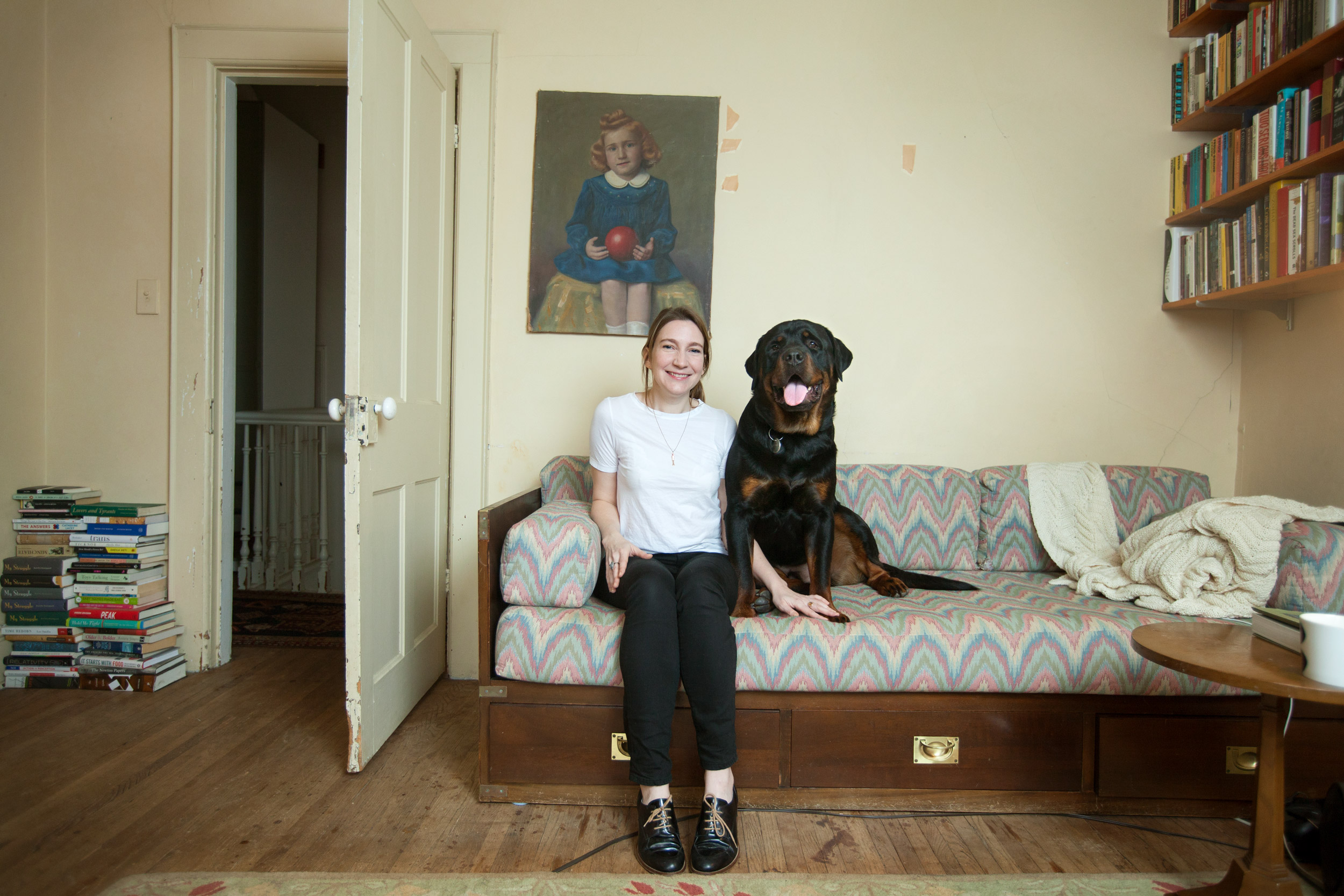 Sheila Heti in her office with her dog